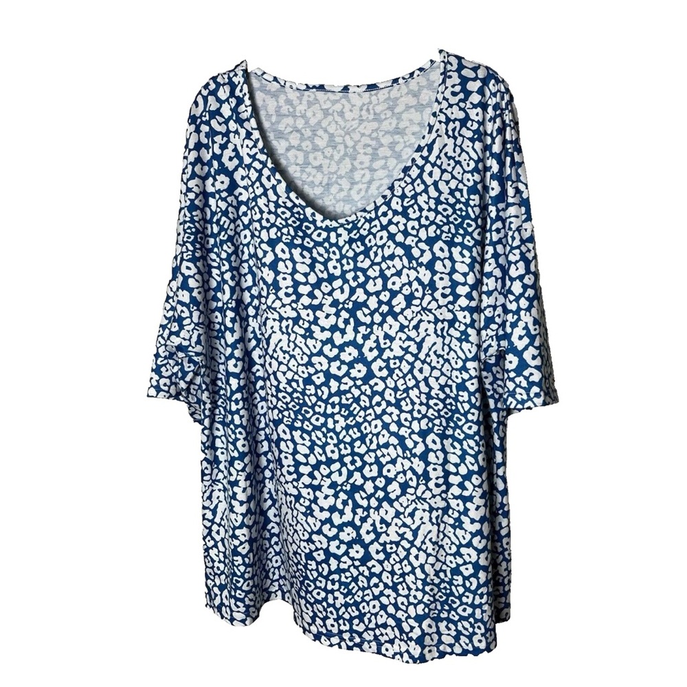 Women's Top Size XXL 2XL Short Elbow Length Sleeves Animal Print Blue White
